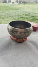 Etched Singing Bowl with Cushion and Mallet, 5 inch Asta Mangal, Endless Knot and Om