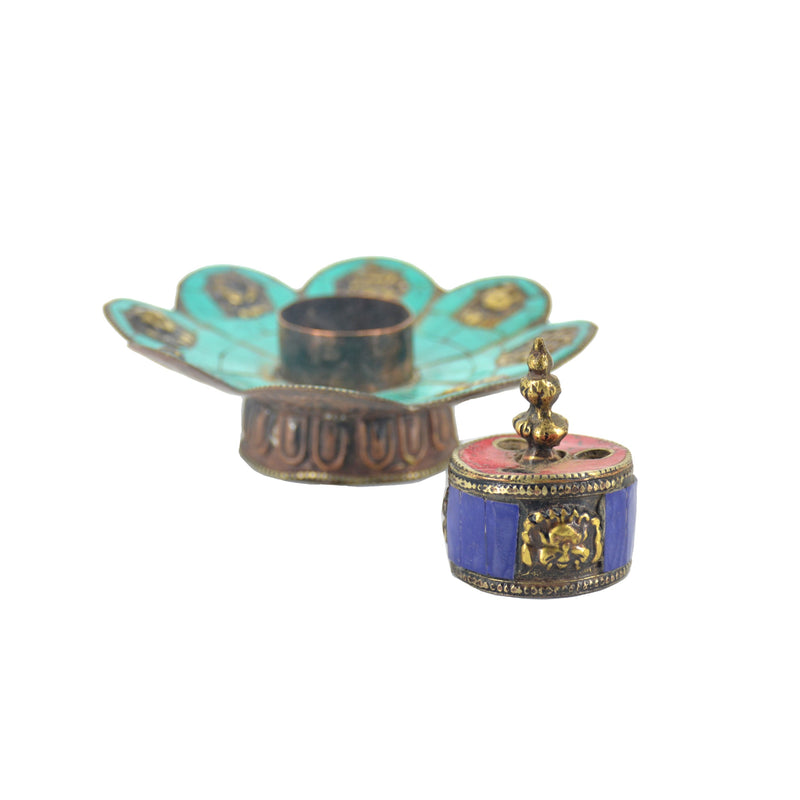 Copper Tibetan 8 Auspicious Symbol Incense Burner & Candle Holder