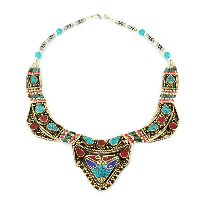 Ethnic Tibetan Handmade Necklace with Turquoise, Lapis & Coral Inlays