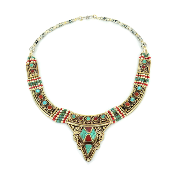 Ethnic Tibetan Handmade Necklace with Turquoise, Lapis Lazuli & Coral Inlays