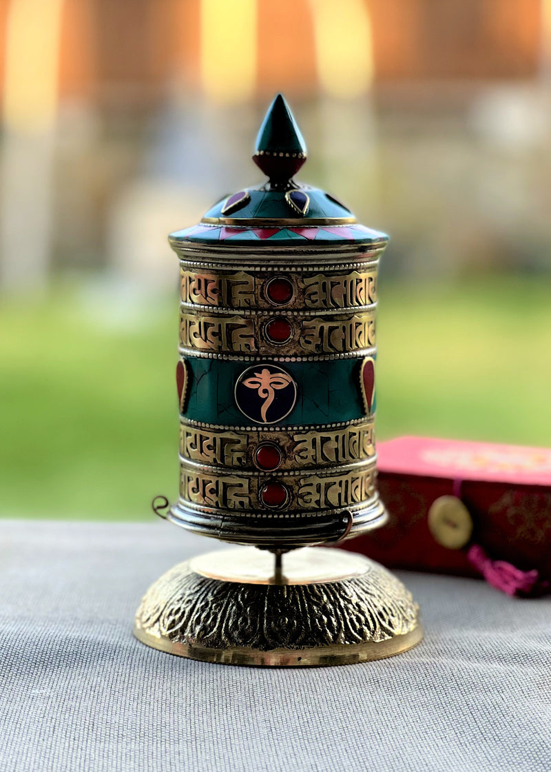 Buddha Eye Copper and Brass Prayer Wheel with Turquoise, Coral & Lapis