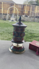Eight auspicious symbol Copper and Brass Prayer Wheel with Turquoise, Coral & Lapis