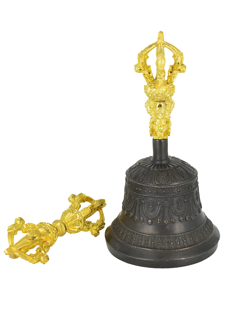 6" Gold Plated Black Tibetan Bell & Dorjee Set