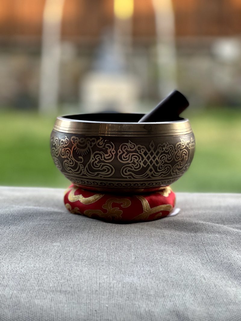 Etched Singing Bowl with Cushion and Mallet, 5 inch Asta Mangal, Endless Knot and Om