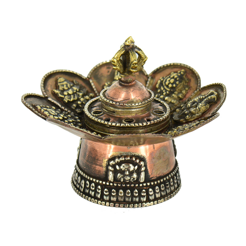3" Copper Tibetan 8 Auspicious Symbol Incense Burner & Candle Holder