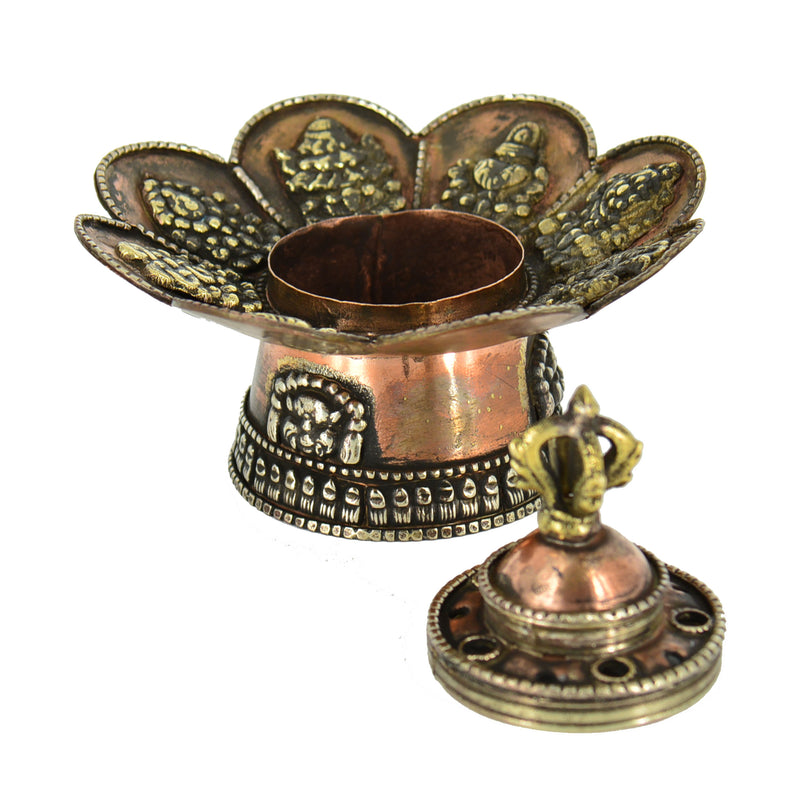 3" Copper Tibetan 8 Auspicious Symbol Incense Burner & Candle Holder