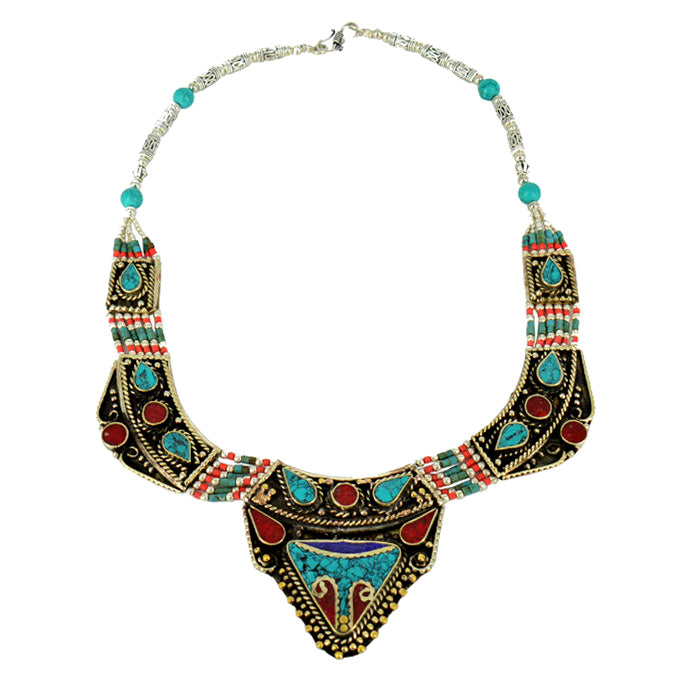 Ethnic Tibetan Handmade Necklace with Turquoise, Lapis & Coral Inlays
