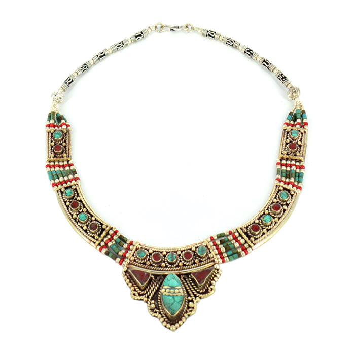 Ethnic Tibetan Handmade Necklace with Turquoise & Coral Inlays
