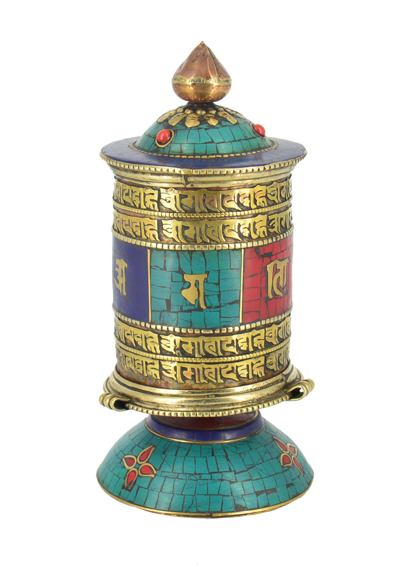 Copper and Brass Prayer Wheel with Turquoise, Coral & Lapis