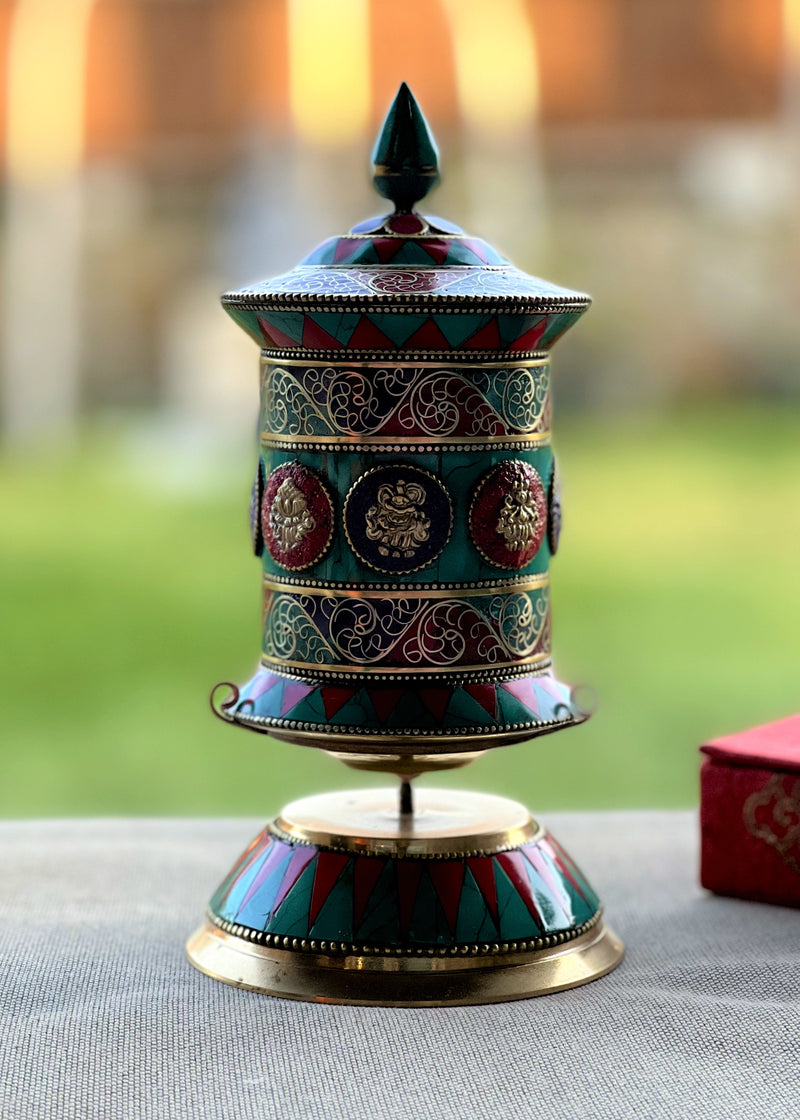 Eight auspicious symbol Copper and Brass Prayer Wheel with Turquoise, Coral & Lapis