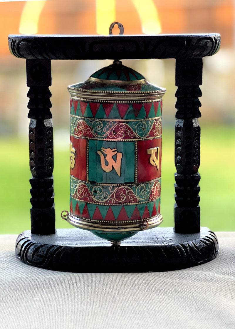Copper and Brass Prayer Wheel with Turquoise, Coral & Lapis