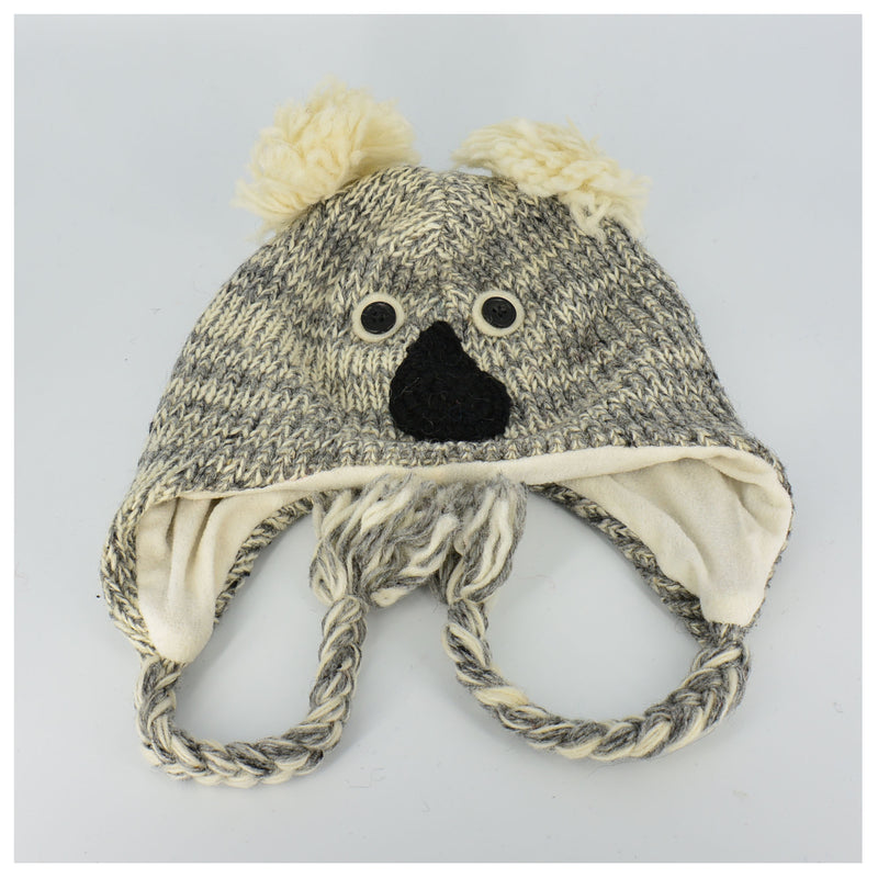 Kids Koala Bear Wool Knit Cap Soft Stretchy Cap W/Fleece Lining Knit Sherpa Hat W/Ear Flaps, Trapper Ski Cap W/Fleece