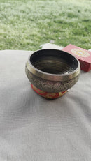 Etched Singing Bowl with Cushion and Mallet, 6 inch Om Mane Padme Hum and Double Dorje